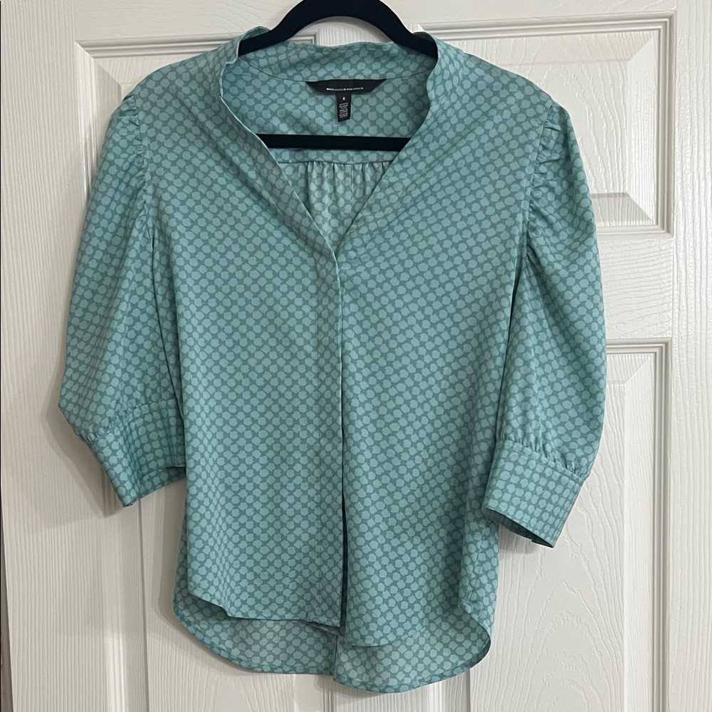 White House Black Market Light Teal Geometric Split-V Blouse